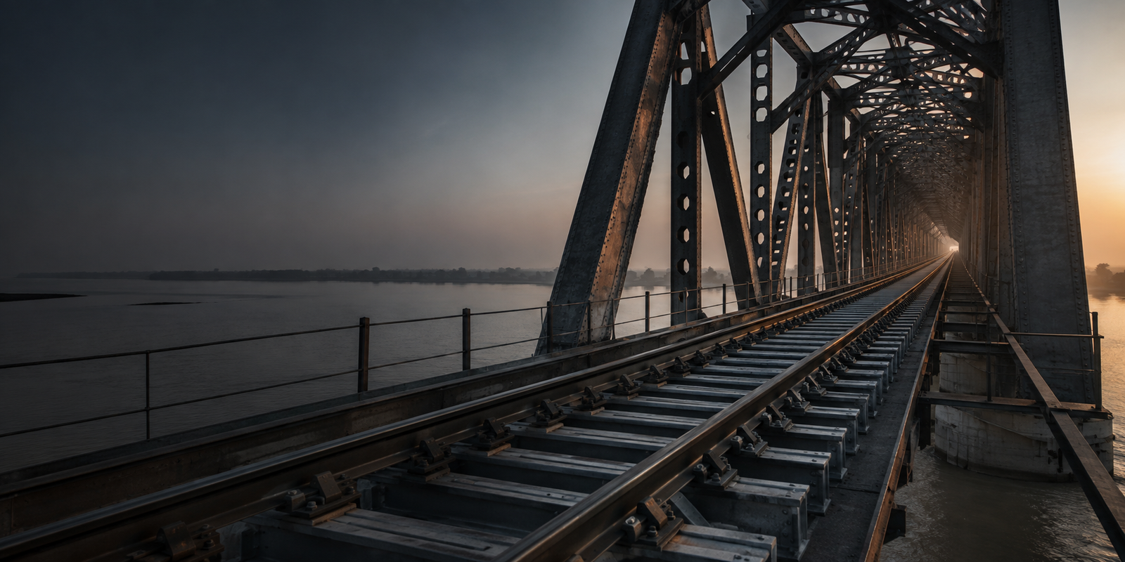 Steel railway bridge and track with steel sleepers across a wide river